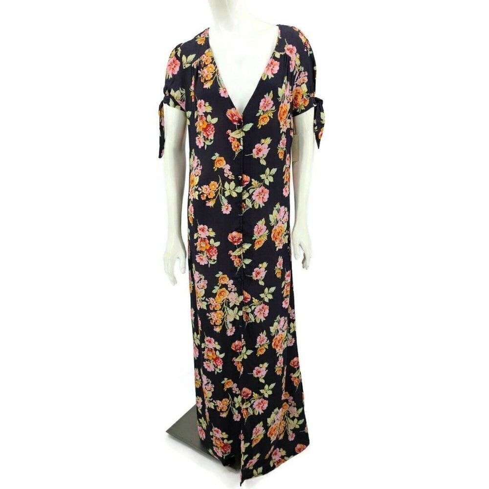 New Flynn Skye Ale Pastel Blooms Maxi Dress Womens M Button Front Blue Floral